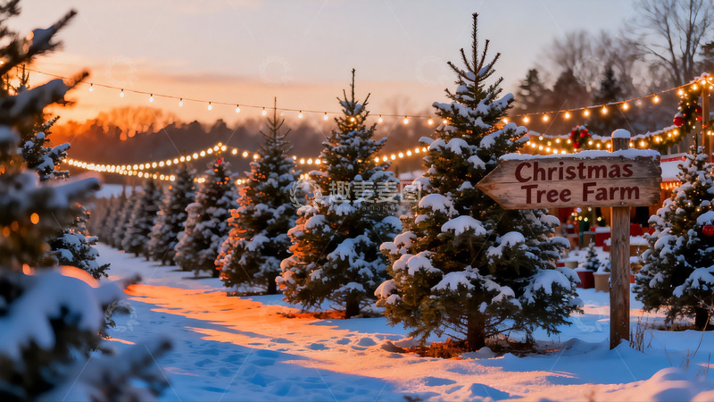 高清大图下载【趣麦麦图】雪地圣诞树农场黄昏景色
