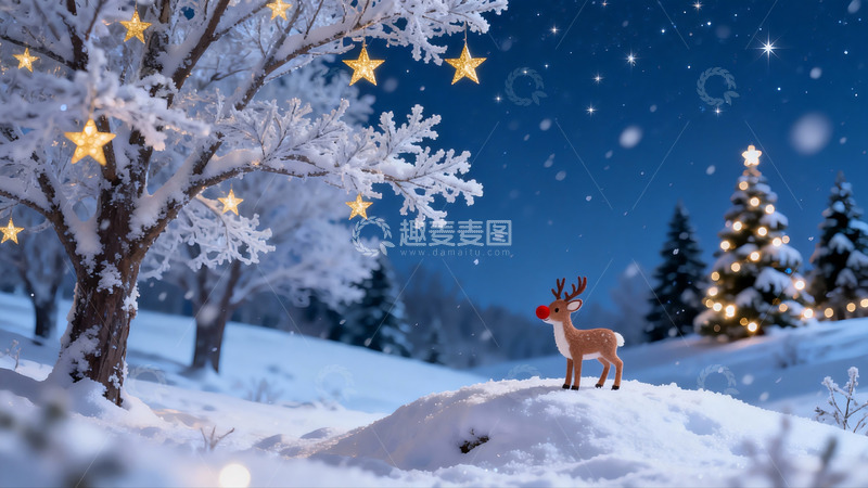高清大图下载【趣麦麦图】雪夜圣诞鹿与星光树