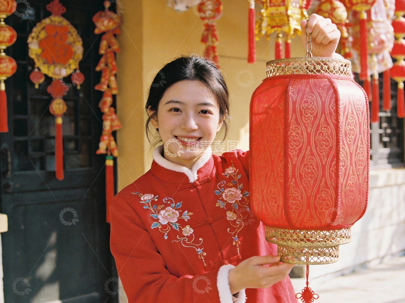 高清大图下载【趣麦麦图】女子手持红灯笼节日装扮