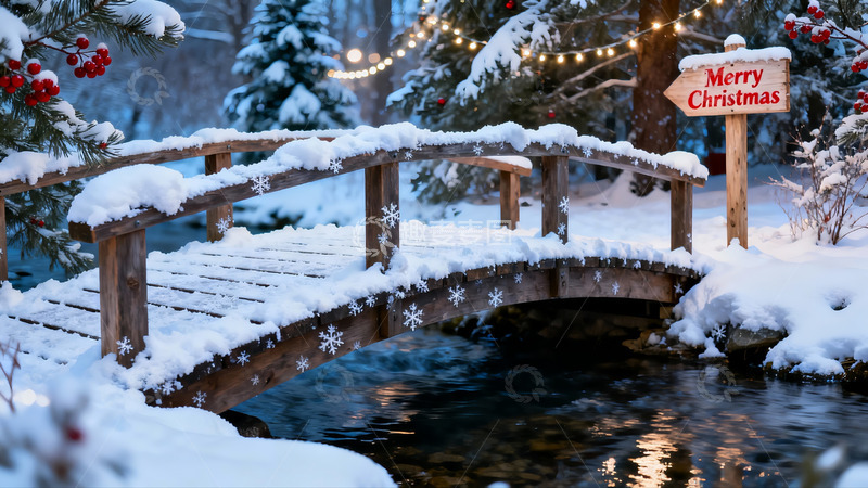 高清大图下载【趣麦麦图】雪景木桥旁的圣诞装饰