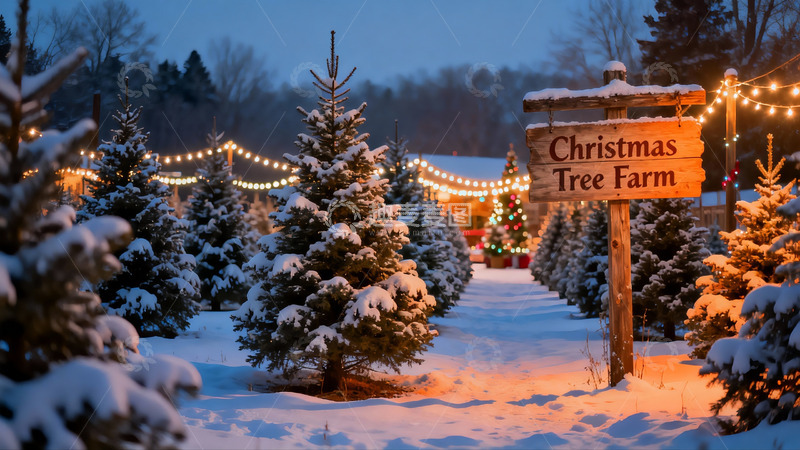 高清大图下载【趣麦麦图】雪夜圣诞树农场灯火通明