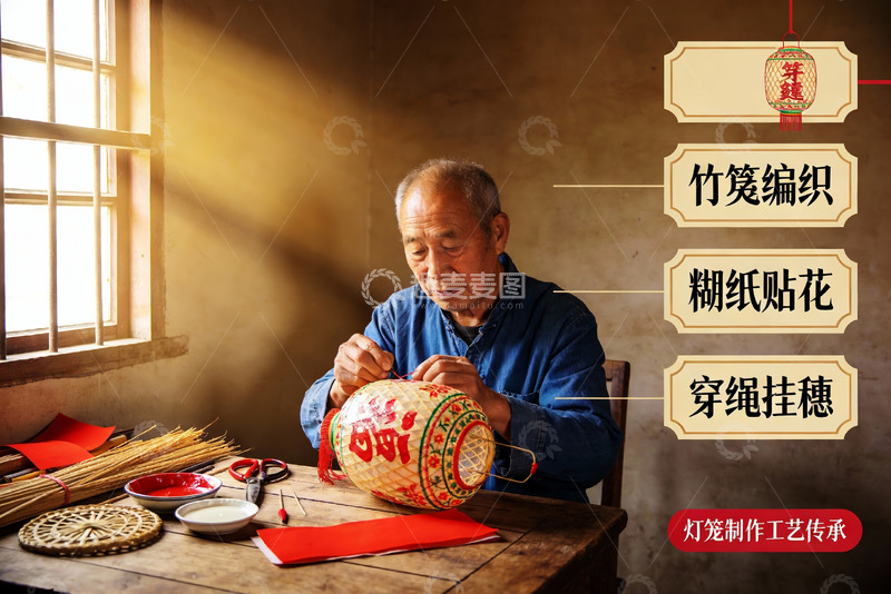 高清大图下载【趣麦麦图】老人制作传统灯笼的手工艺场景