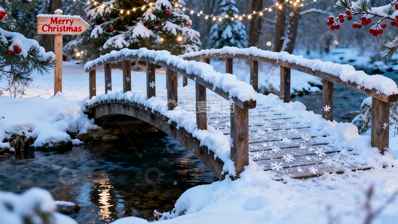 高清大图下载【趣麦麦图】雪景木桥圣诞氛围浓厚
