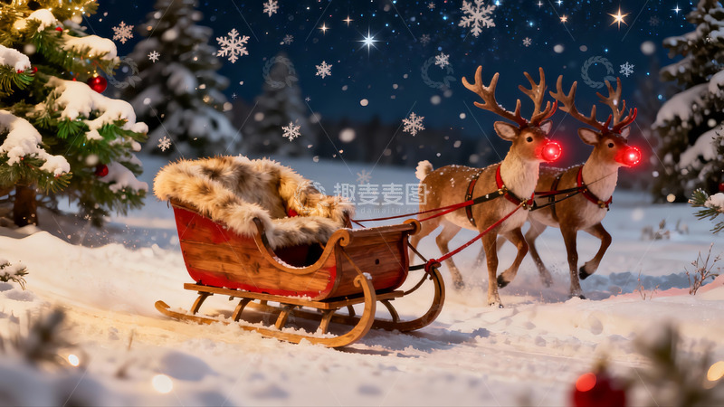 高清大图下载【趣麦麦图】雪夜圣诞驯鹿拉雪橇
