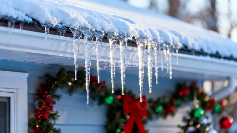 高清大图下载【趣麦麦图】雪后屋檐冰柱与圣诞装饰