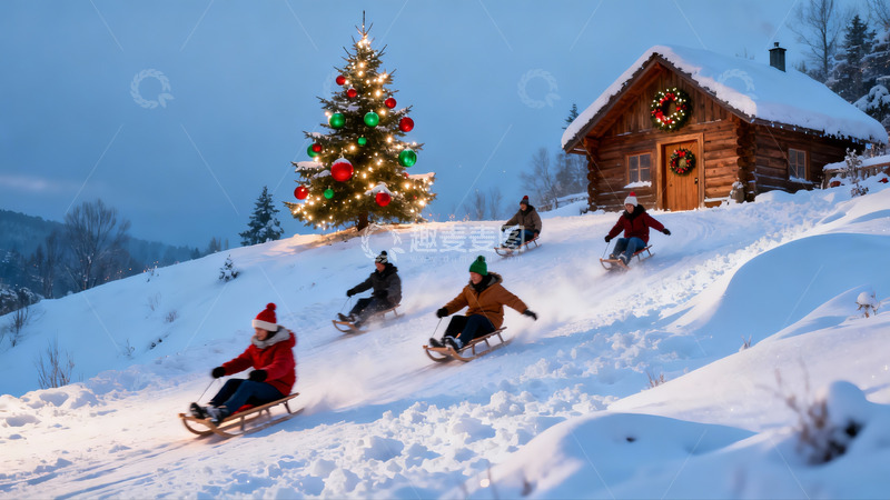 高清大图下载【趣麦麦图】雪地圣诞树下人们滑雪橇