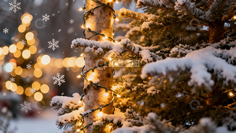 高清大图下载【趣麦麦图】雪夜圣诞树灯光闪烁