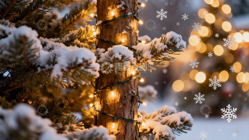高清大图下载【趣麦麦图】雪夜圣诞树灯光闪烁