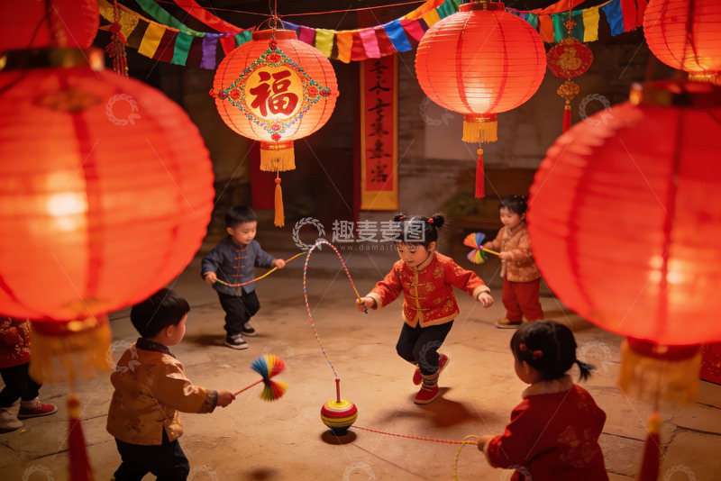 高清大图下载【趣麦麦图】孩童元宵节挂灯笼玩耍