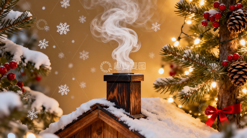 高清大图下载【趣麦麦图】雪夜烟囱冒烟圣诞树环绕