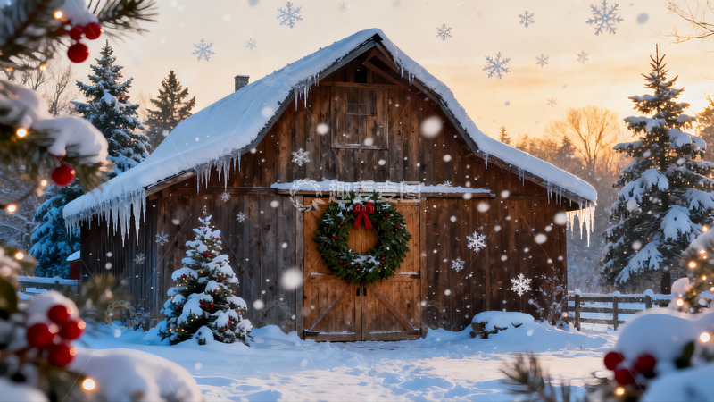 高清大图下载【趣麦麦图】雪景木屋圣诞装饰