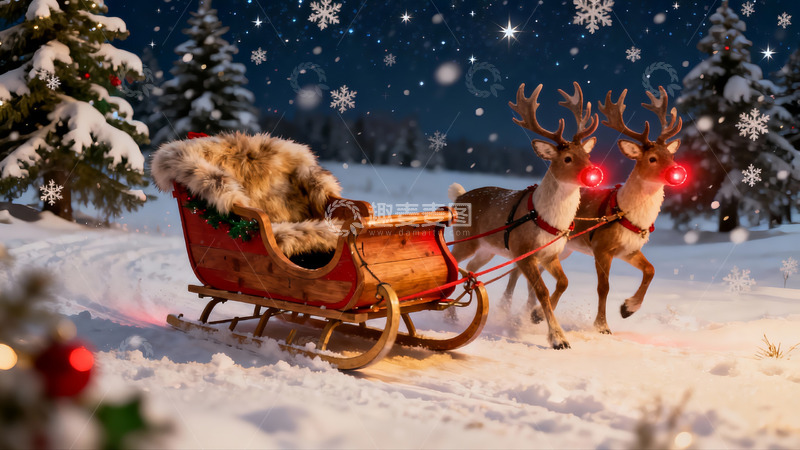 高清大图下载【趣麦麦图】雪夜圣诞鹿拉雪橇场景