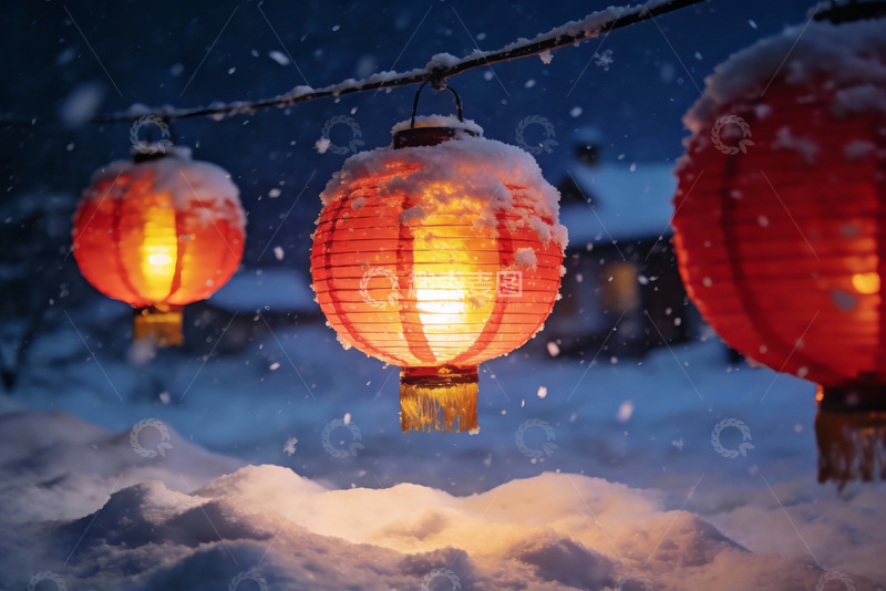 高清大图下载【趣麦麦图】雪夜红灯笼