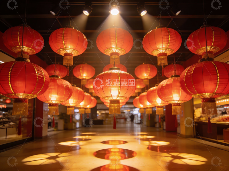 高清大图下载【趣麦麦图】商场内悬挂的红色灯笼光影