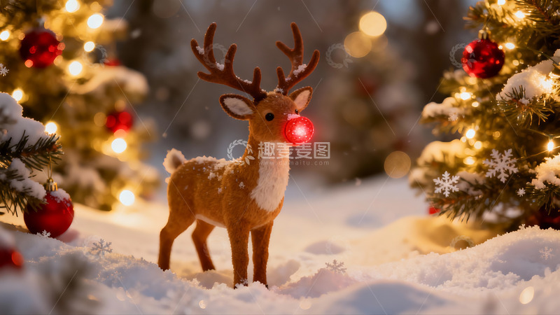 高清大图下载【趣麦麦图】雪地驯鹿灯饰圣诞场景