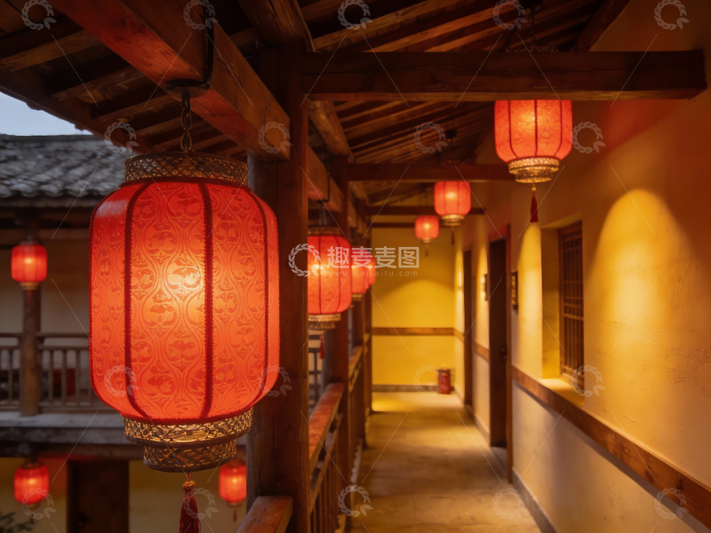 高清大图下载【趣麦麦图】古色古香走廊挂红灯笼
