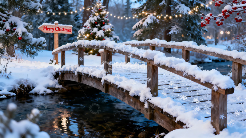 高清大图下载【趣麦麦图】雪景木桥旁的圣诞树