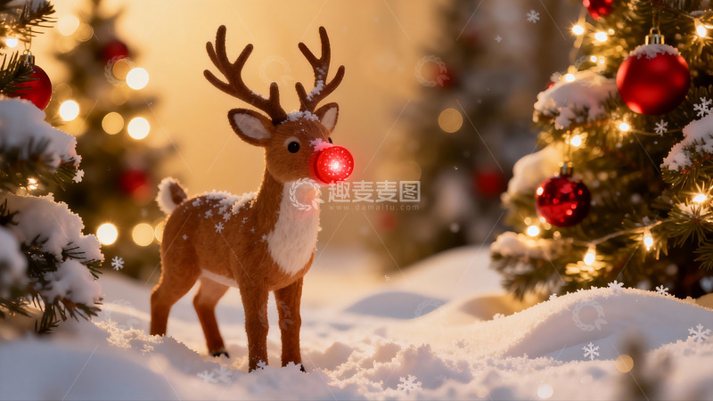 高清大图下载【趣麦麦图】雪地驯鹿圣诞树光影