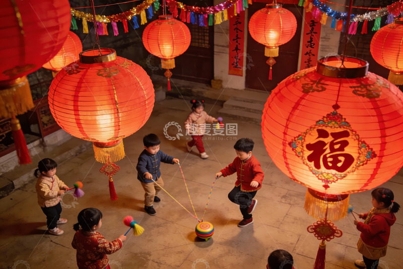 高清大图下载【趣麦麦图】孩童挂红灯笼庭院玩耍