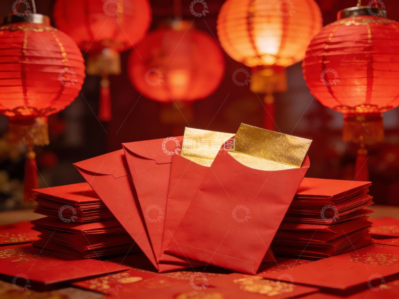 高清大图下载【趣麦麦图】春节红包与红灯笼喜庆场景