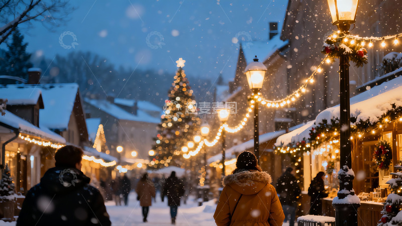 高清大图下载【趣麦麦图】雪夜圣诞市集灯火辉煌