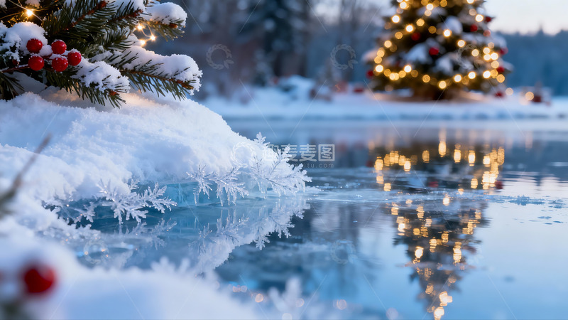 高清大图下载【趣麦麦图】雪景圣诞树倒影