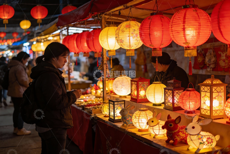 高清大图下载【趣麦麦图】夜市灯笼摊位热闹非凡