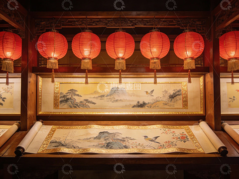 古色古香室内挂画与红灯笼