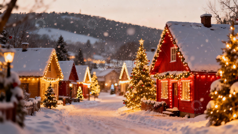 高清大图下载【趣麦麦图】雪夜圣诞小屋灯光璀璨