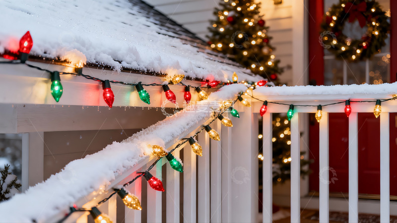 高清大图下载【趣麦麦图】雪夜圣诞灯饰照亮门廊