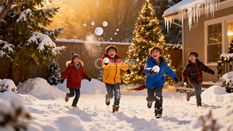 高清大图下载【趣麦麦图】四个孩子雪地打雪仗欢乐场景