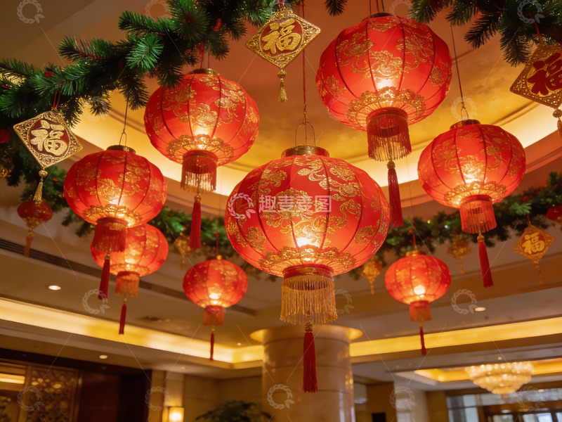 高清大图下载【趣麦麦图】室内悬挂红色灯笼装饰场景