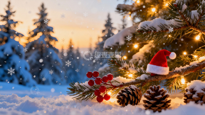 高清大图下载【趣麦麦图】雪夜圣诞松枝挂帽
