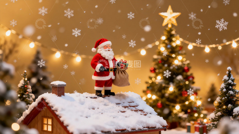 高清大图下载【趣麦麦图】圣诞老人雪夜屋顶摆件