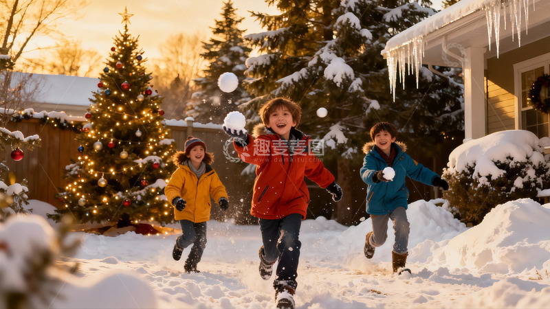 高清大图下载【趣麦麦图】雪地玩耍儿童欢乐场景