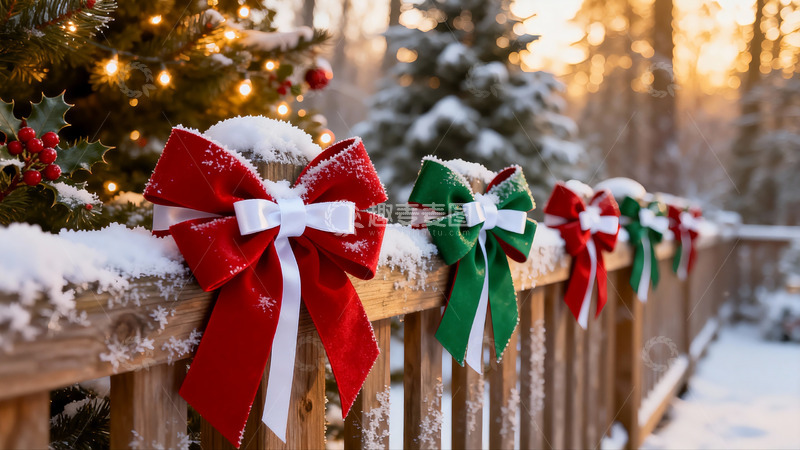 高清大图下载【趣麦麦图】雪中木栏红绿蝴蝶结