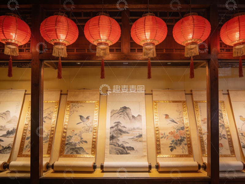 高清大图下载【趣麦麦图】古色古香展厅挂灯笼画卷