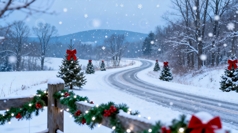 高清大图下载【趣麦麦图】雪景圣诞道路两旁装饰