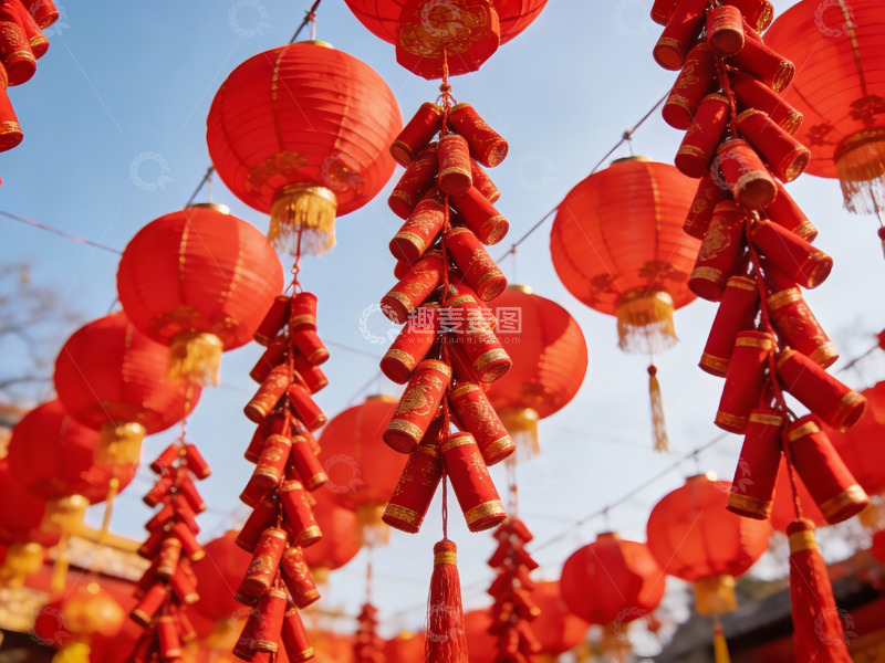 高清大图下载【趣麦麦图】红灯笼与鞭炮迎新春