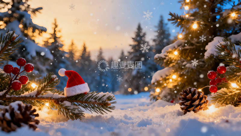 高清大图下载【趣麦麦图】雪夜圣诞树下的温馨场景