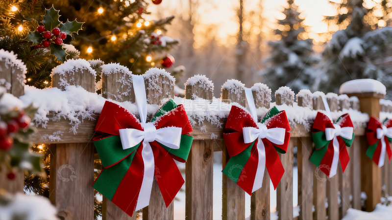 高清大图下载【趣麦麦图】雪中木栅栏挂圣诞蝴蝶结