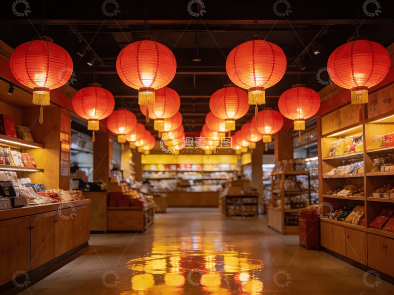 红灯笼装饰的中式店铺走廊