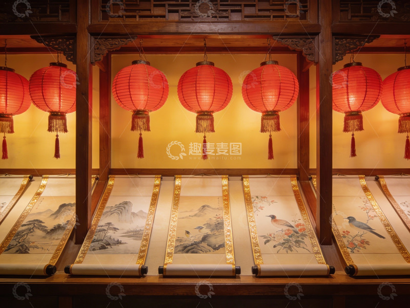 高清大图下载【趣麦麦图】古色古香展厅挂红灯笼