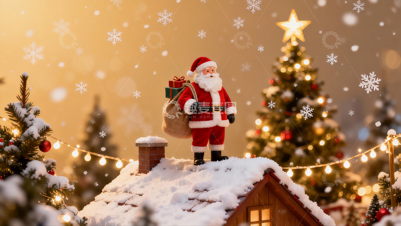 高清大图下载【趣麦麦图】圣诞老人雪夜屋顶送礼
