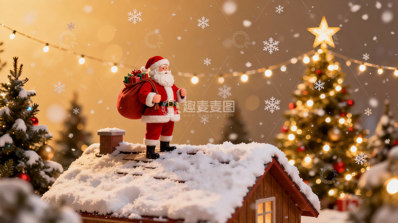 高清大图下载【趣麦麦图】圣诞老人雪顶装饰场景