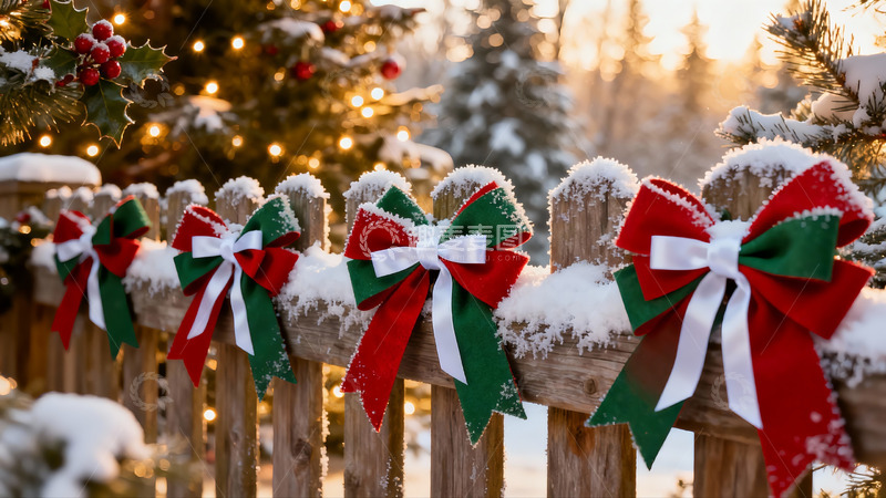 高清大图下载【趣麦麦图】雪中木栅栏圣诞蝴蝶结