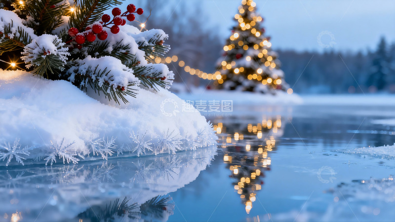 高清大图下载【趣麦麦图】雪夜圣诞树与松枝倒影