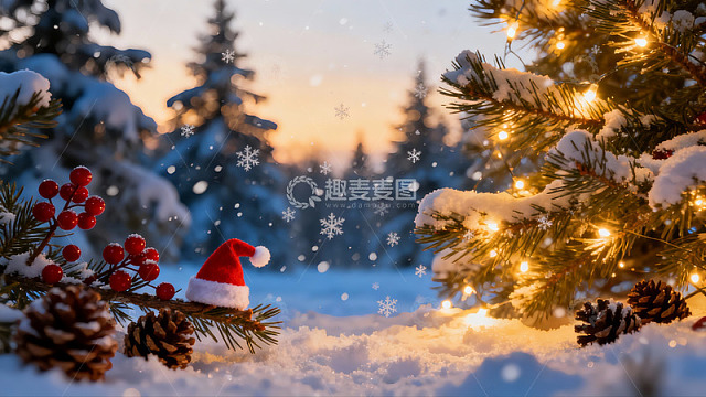 雪夜圣诞树下的静谧冬景