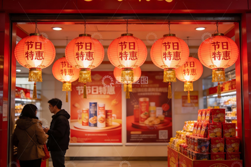 高清大图下载【趣麦麦图】超市节日促销灯笼高挂