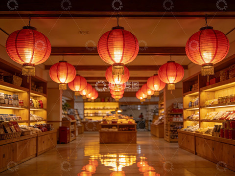 红灯笼装饰的商店长廊